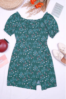 Fine Off Shoulder Floral Print Side Slit Skirt Playsuit (Green)